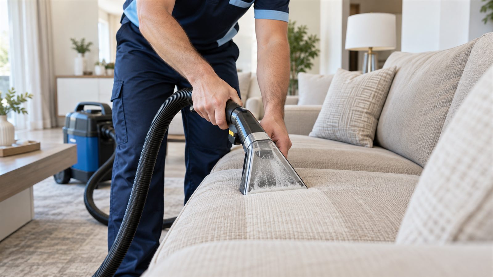 Technician deep vacuuming a fabric sofa in a Dubai home