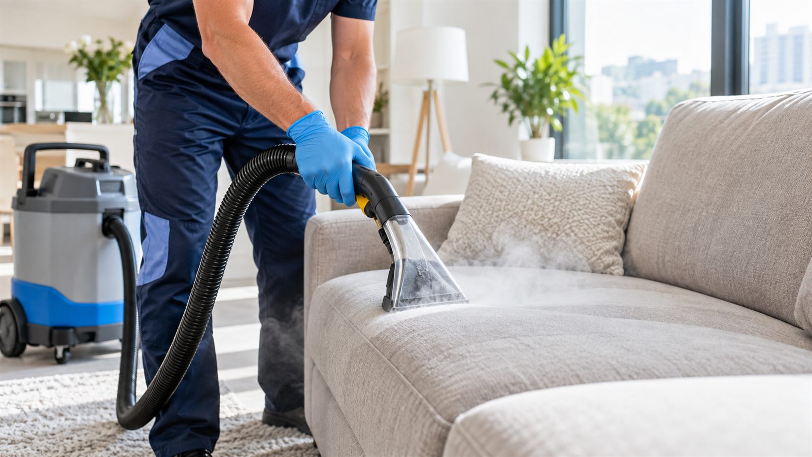 Technician steam cleaning a fabric sofa in a Dubai living room