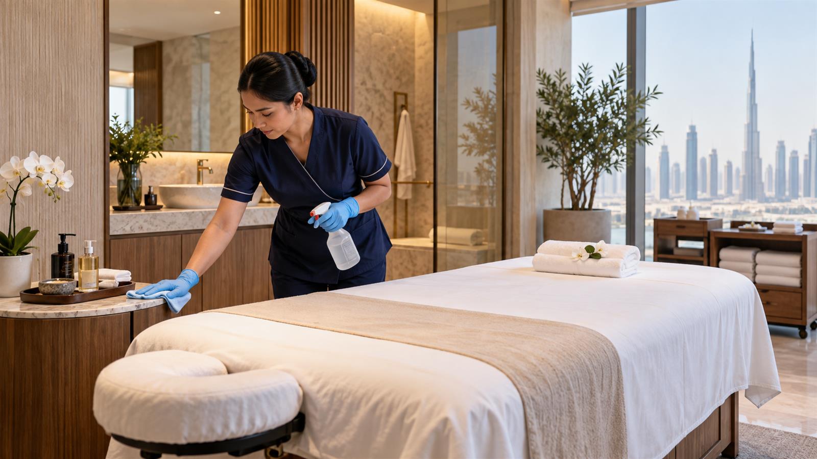 Spa treatment room cleaned between clients in Dubai