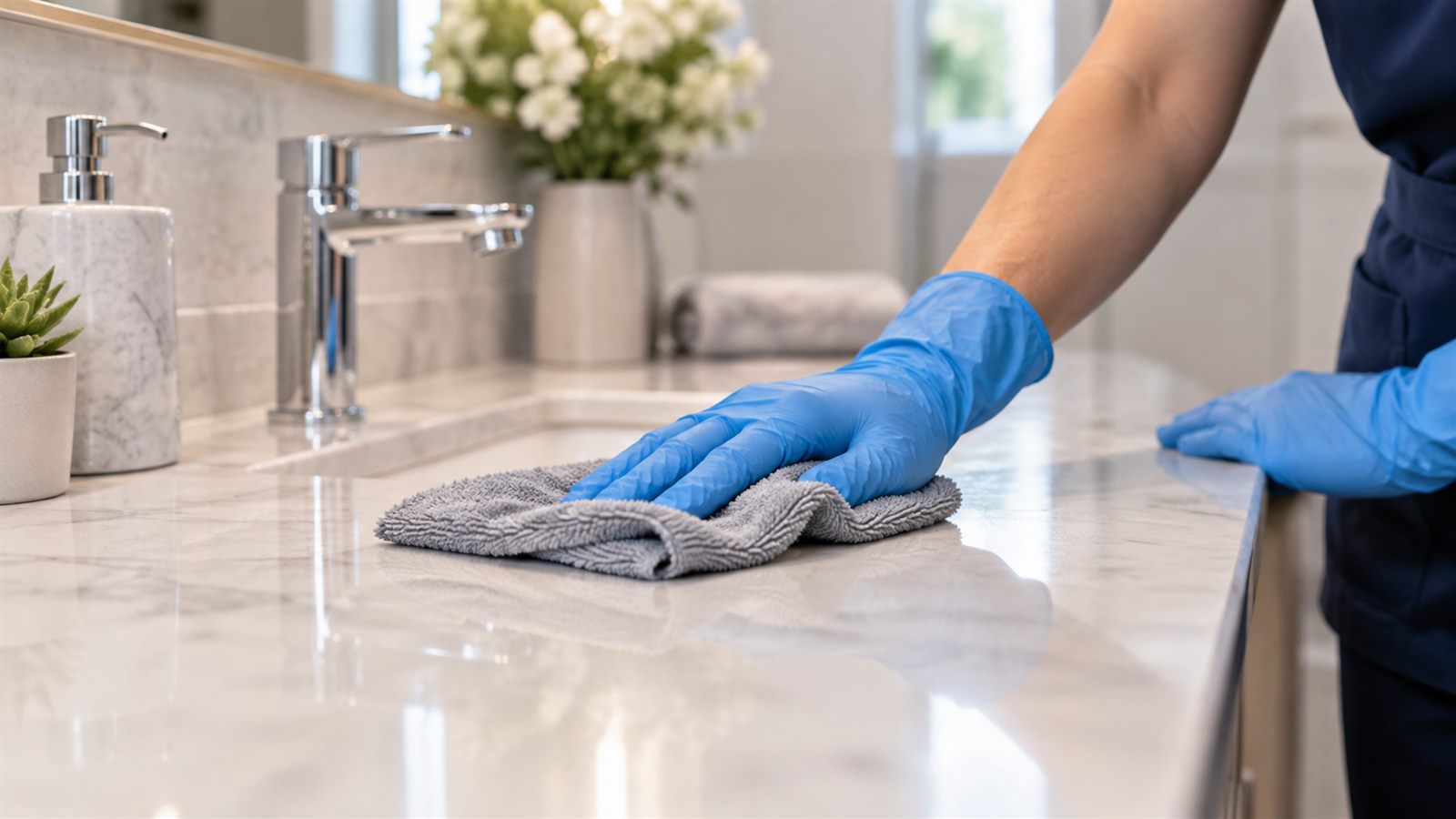 Elite Maids cleaner wiping a surface before disinfection in Dubai