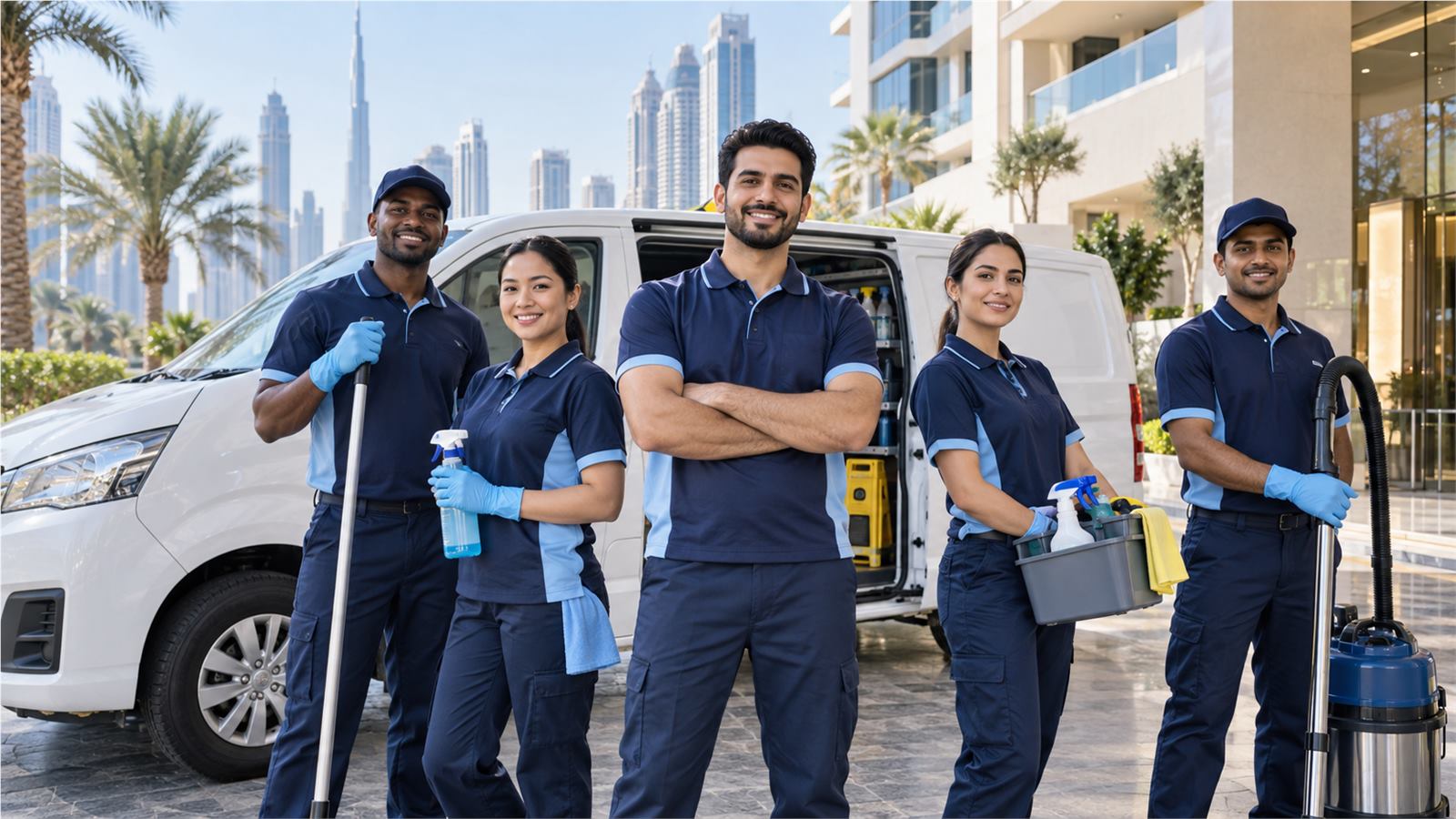 Elite Maids cleaners in uniform beside the branded van outside a Dubai residential building