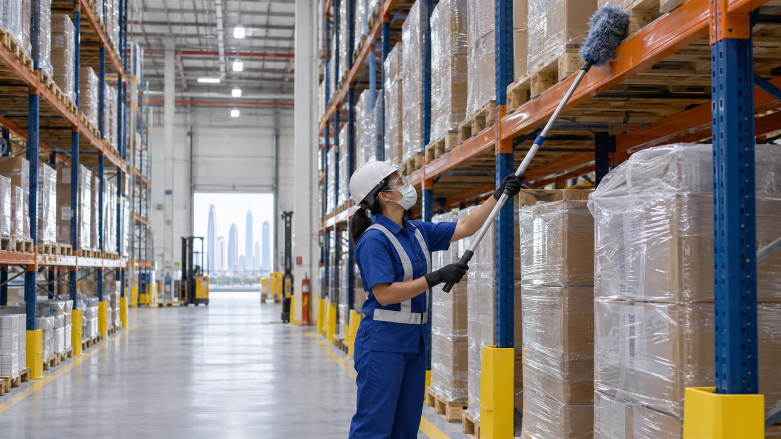 High-level racking dusting in a Dubai warehouse