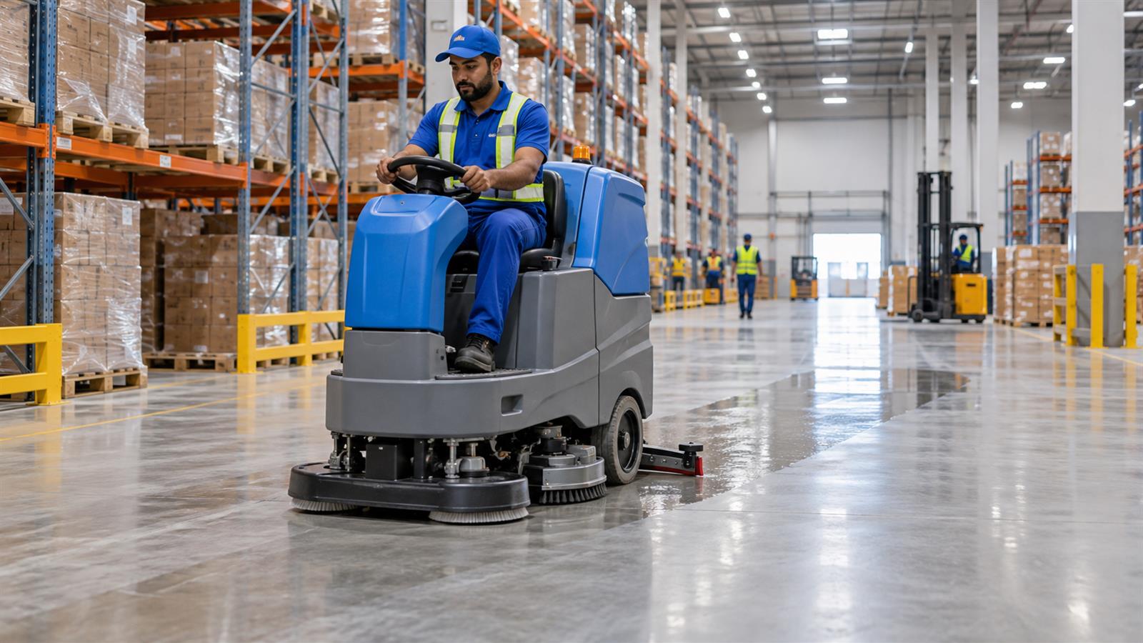 Warehouse floor scrubbing with a ride-on machine in Dubai
