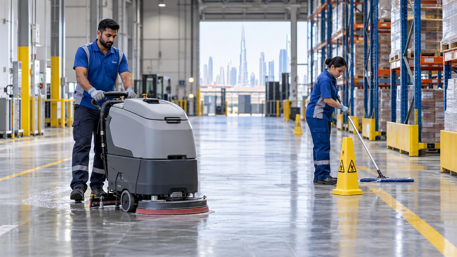Elite Maids team cleaning a warehouse floor in Dubai