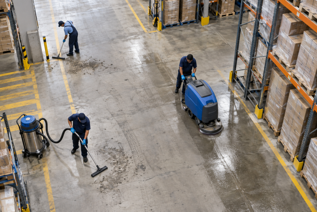Commercial cleaning team working in a Dubai office building