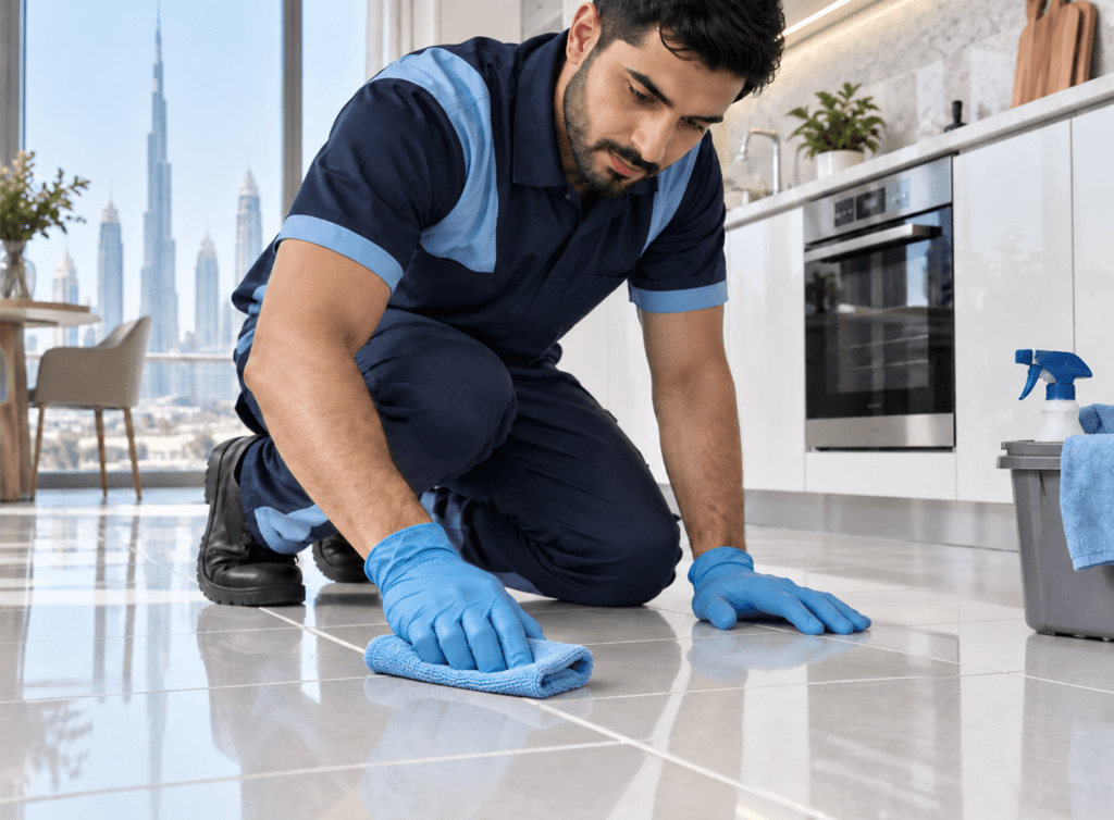 Deep cleaning technician scrubbing kitchen tiles in a Dubai apartment